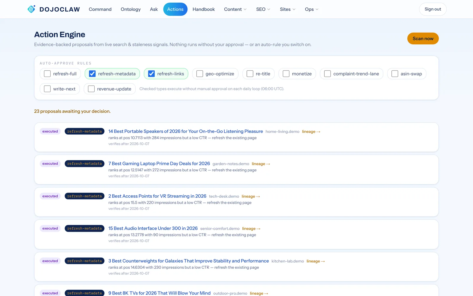 The DojoClaw action engine: auto-approve rules and evidence-backed proposals awaiting a decision