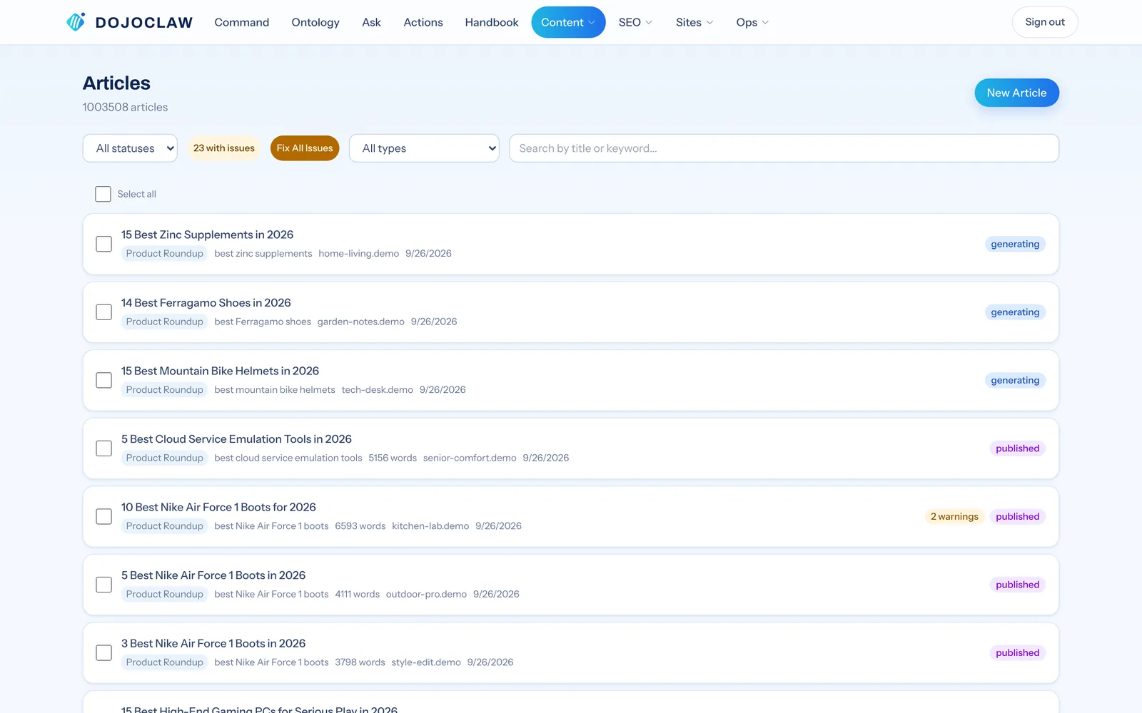 The DojoClaw dashboard article list with filters, status and type per article