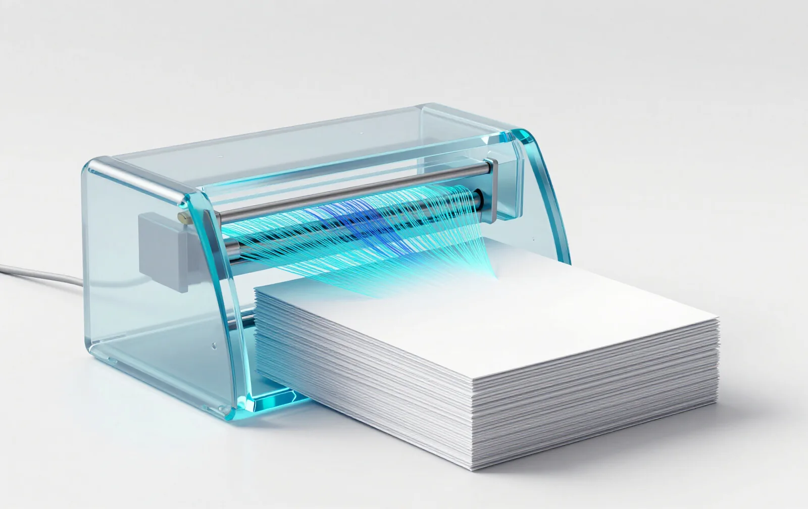 A translucent glass machine weaving threads of light into stacks of blank pages