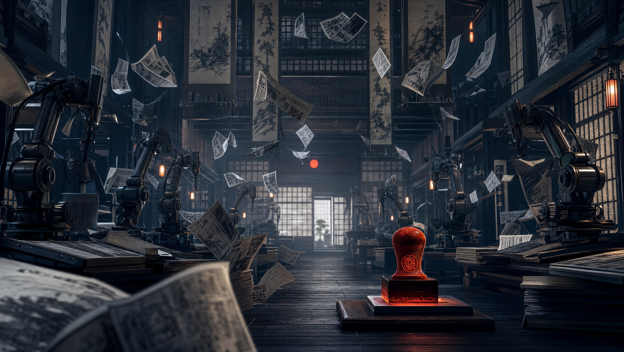 The DojoClaw machine hall: a robotic dojo printing floor with a glowing vermilion seal